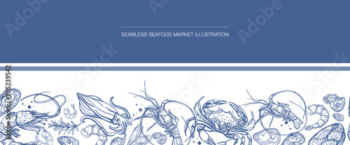 Isolated vector seamless set of seafood. Shrimps, langoustines, prawns, salmon, trout, oysters, mussels, squid, crab, lemon.Hand-drawn seafood delicacy, restaurant and marine cafe menu.