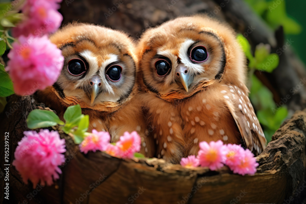 Adorable little owl chicks in a nest with pink flowers. Cute birds. Ideal for background, greeting cards, childrens books, banners, posters