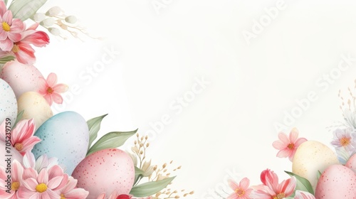 Frame background with watercolor Easter painted Eggs with flowers on white background. Pastel colors. Banner with copy space. Ideal for Easter promotion  spring event  holiday greeting  advertisement