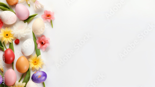 Frame background with Easter painted Eggs with flowers on white background. Banner with copy space. Perfect for Easter promotion  spring event  holiday greeting  advertisement. festive content.