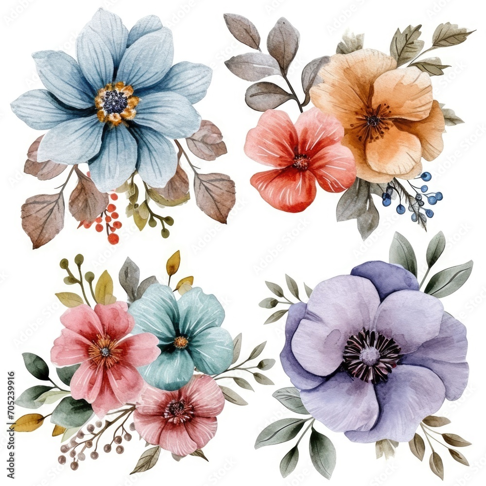 Set watercolor flowers. Different types 4 flowers. four flowers isolated, flat watercolor clipart set with white background . soft pastel color