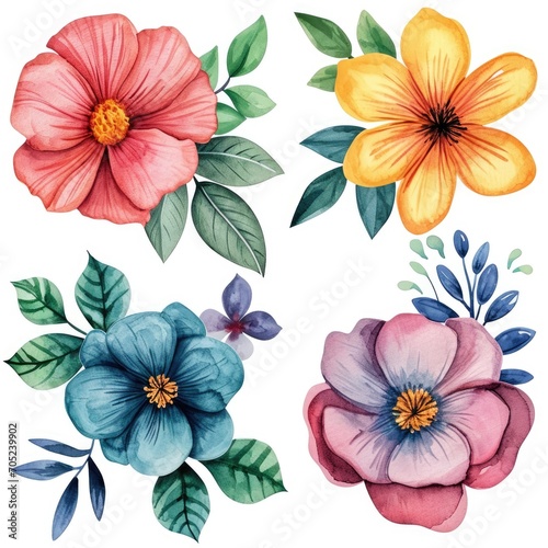 Set watercolor flowers. Different types 4 flowers. four flowers isolated  flat watercolor clipart set with white background . soft pastel color