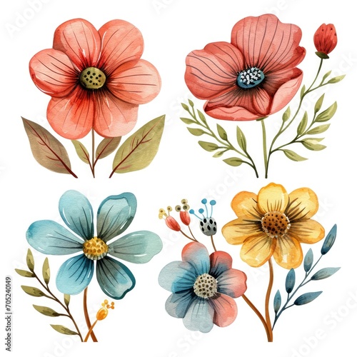 Wallpaper Mural Set watercolor flowers. Different types 4 flowers. four flowers isolated, flat watercolor clipart set with white background . soft pastel color Torontodigital.ca