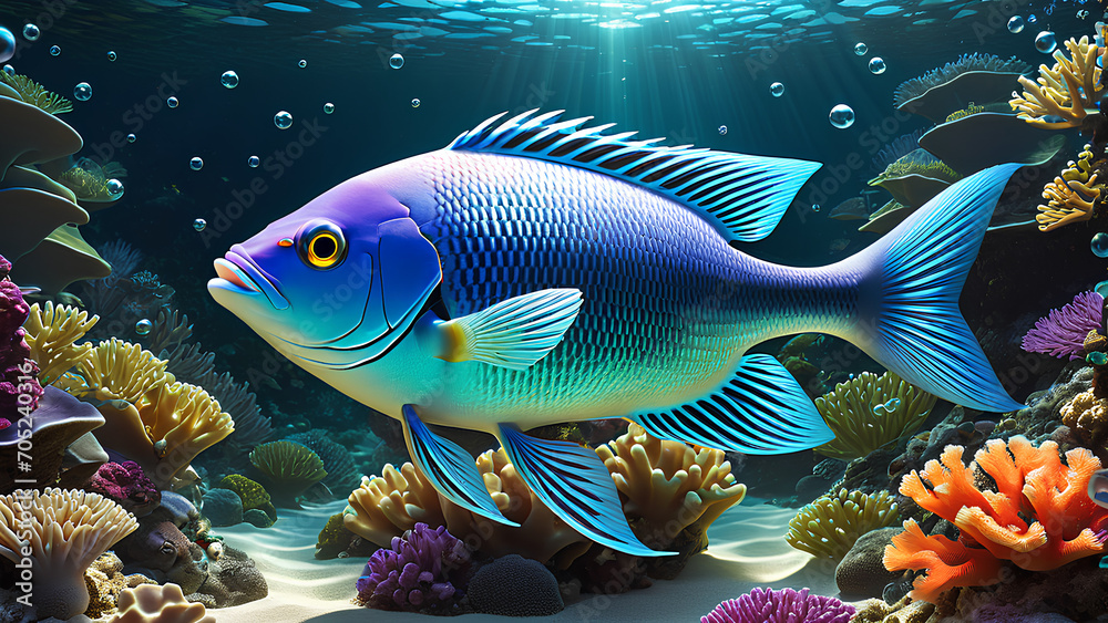 3d rendered illustration of colorful fish. underwater life, aquarium