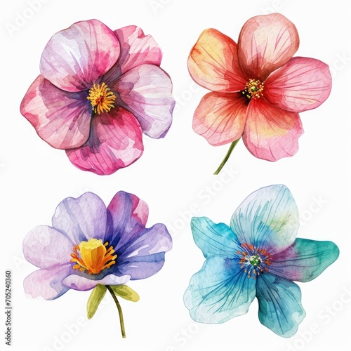 Set watercolor flowers. Different types 4 flowers. four flowers isolated  flat watercolor clipart set with white background . soft pastel color