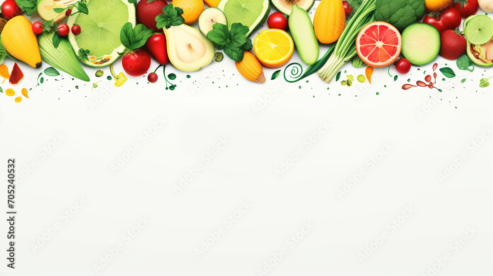 Healthy eating banner with top view of vegetables and fruits on white background with copy space for text - obrazy, fototapety, plakaty 