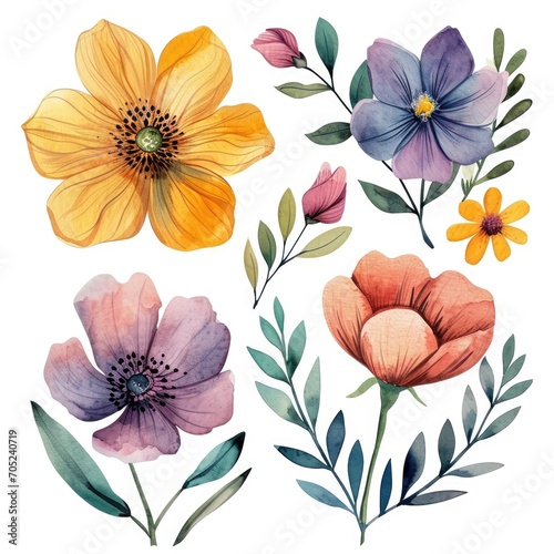 Set watercolor flowers. Different types 4 flowers. four flowers isolated  flat watercolor clipart set with white background . soft pastel color