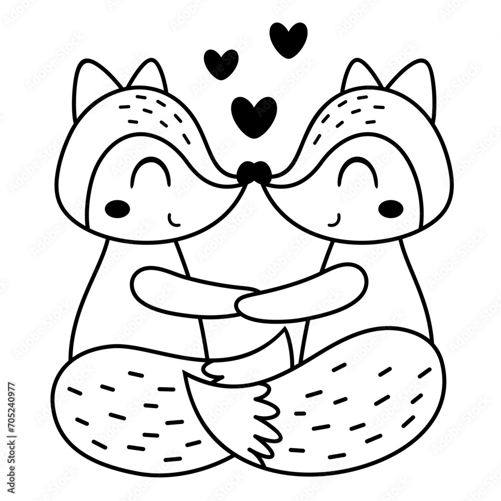 Valentines day clipart. Black and white Valentines fox clipart in cartoon flat style. Valentines day clipart. Black and white Valentines fox clipart in cartoon flat style.