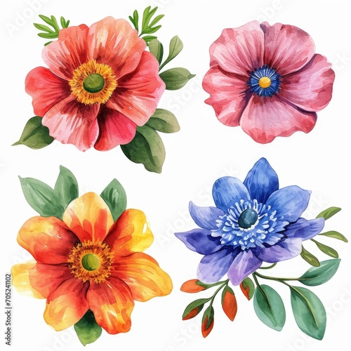 Set watercolor flowers. Different types 4 flowers. four flowers isolated, flat watercolor clipart set with white background . soft pastel color