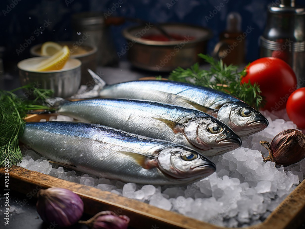 Fresh sardines on the marble table in the kitchen. keto diet Fresh sardines on the marble table in the kitchen. keto diet