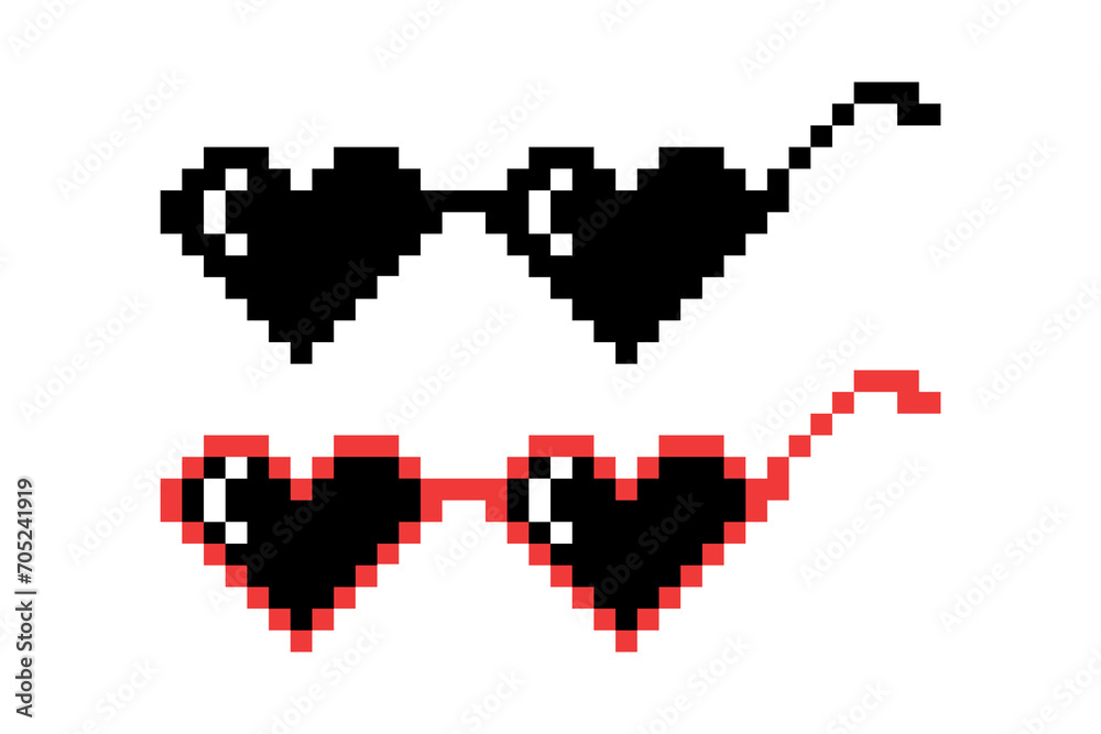 Fototapeta premium Vector Pixel Boss Glasses Icon Set in 8 bit Retro Style. Summer Meme Game Thug Design, Mafia Gangster Funky Sunglasses. Rap Music Design Element