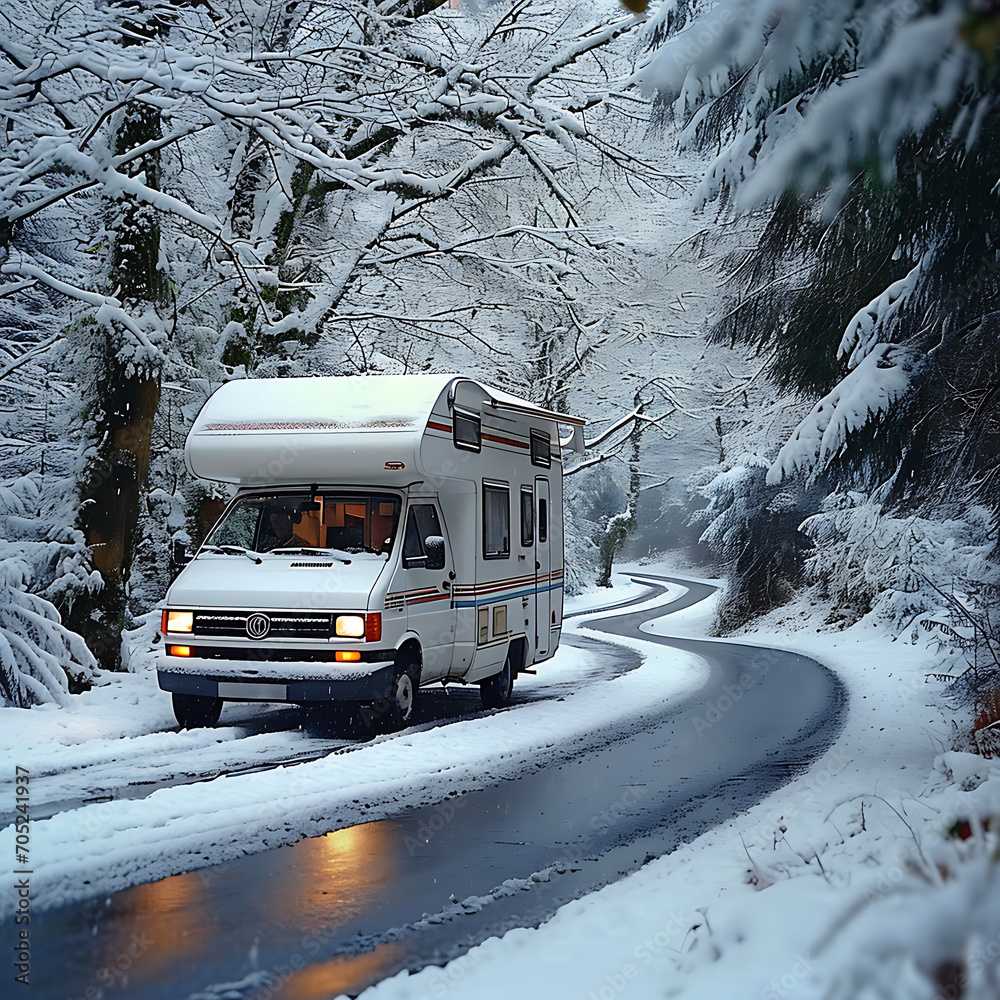 Winter Wonderland, Camper Cruising Through Snowy Serenity on a Frosty Road