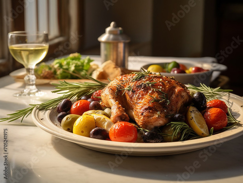 a dish with Provencal Chicken with olives, cherry tomatoes, rosemary and crispy lettuce. keto diet