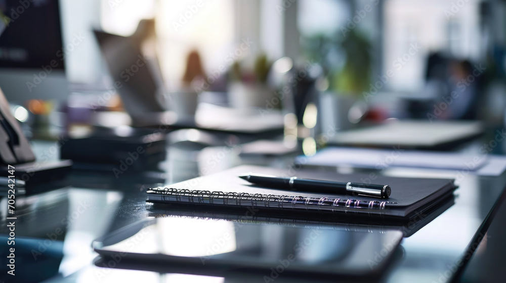 A notebook with a pen lies on a desk in the background of an office, workflow concept A notebook with a pen lies on a desk in the background of an office, workflow concept