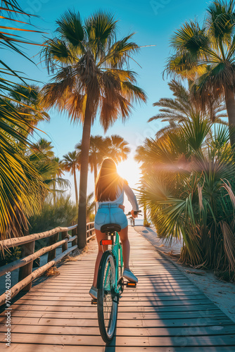 A girl riding a colorful beach cruiser bike along a palm tree-lined boardwalk, with the sun setting behind her