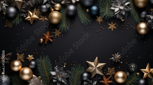 Christmas top view mockup pastel black background texture. New Year mockup. Horizontal banking background for web. Photo AI Generated