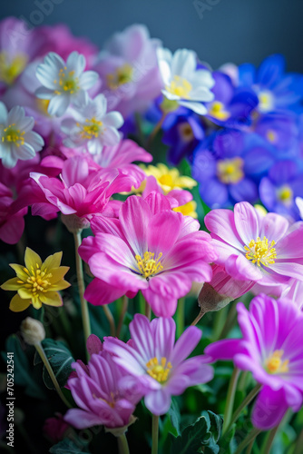 Spring floral background with colorful flowers in bright pastel colors. Aesthetic composition for springtime.