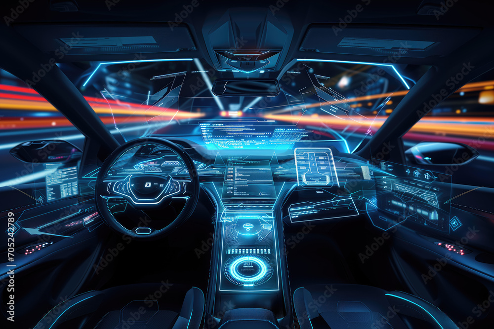 Autonomous futuristic car dashboard concept with HUD and hologram screens and infotainment system