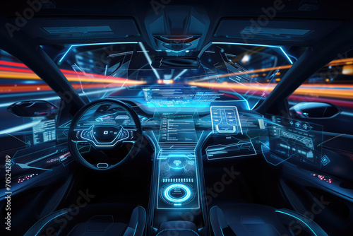 Autonomous futuristic car dashboard concept with HUD and hologram screens and infotainment system © thejokercze