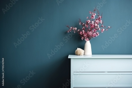 Blue wall with pink flowers in vase on dresser photo