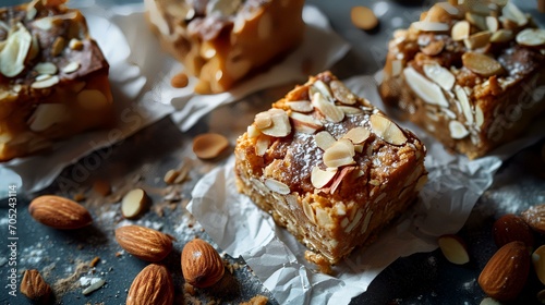 Peanut butter bars on a dark background. toning. selective focus