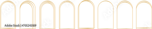 Modern arch frames collection. Trendy boho style border. Golden aesthetic geometric arch elements .Retro futuristic art border for social media. Geometric linear frames