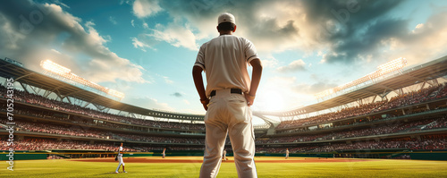 Baseball player standing ready in the middle of baseball arena stadium photo