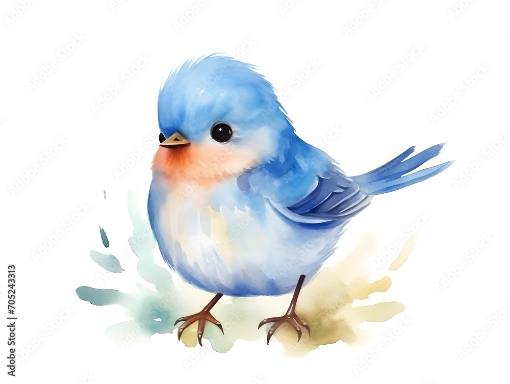 Watercolor illustration of cute little blue bird on white background 