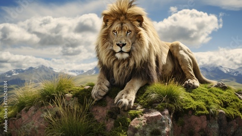 A majestic lion surveying its domain from the top of a moss-covered rock, a symbol of strength. -Generative Ai 