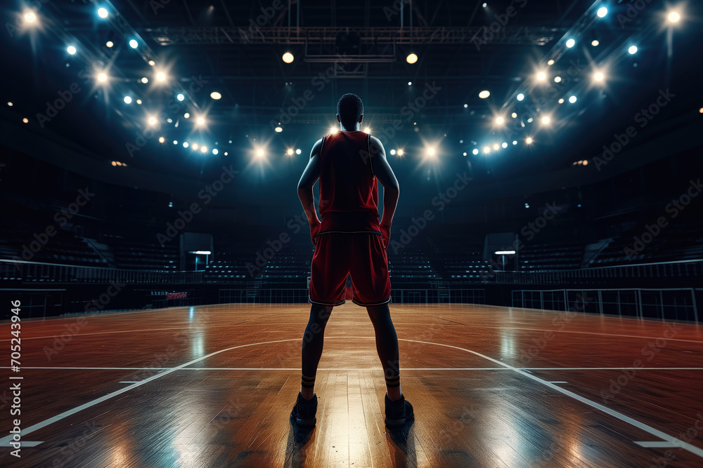 Fototapeta premium Bassketball player standing ready in the middle of basketball arena stadium
