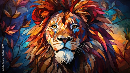 Stained glass window background with colorful Lion abstract.