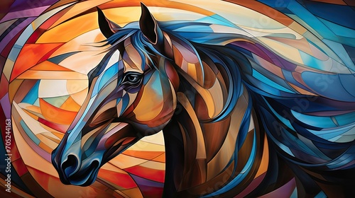 Stained glass window background with colorful horse abstract. photo