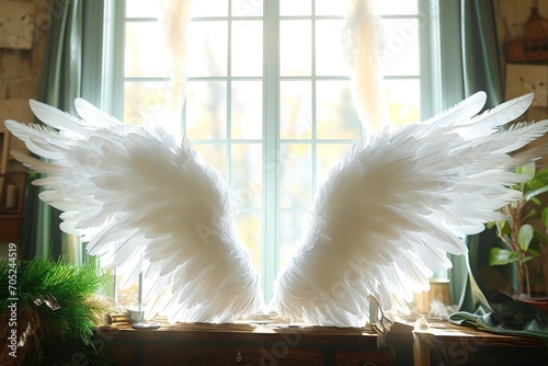 Serene Elegance White Angel Wings Gracefully Adorn the Window, Creating a Heavenly Decoration in the Tranquil Living Room Ambiance. created with Generative AI