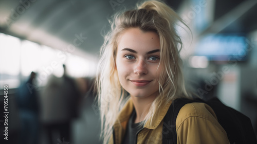 Beautiful young woman walking in the city, railway station or airport terminal. commuter is standing in subway station and looking at camera