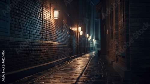 street old brick wall decorated with night lanterns