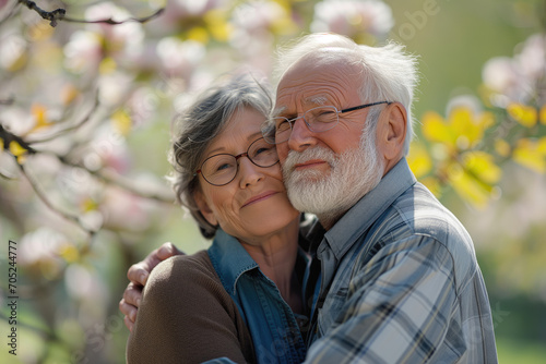 Beautiful senior couple in love outside in spring nature
