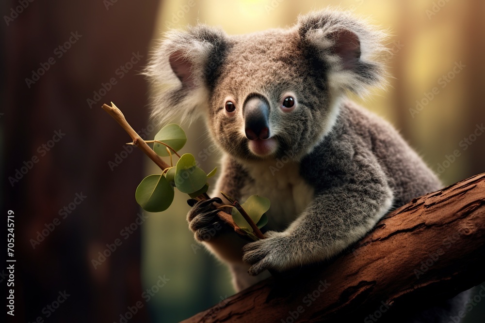 Fototapeta premium illustration of a cute koala eating on the branch of a tree in the forest