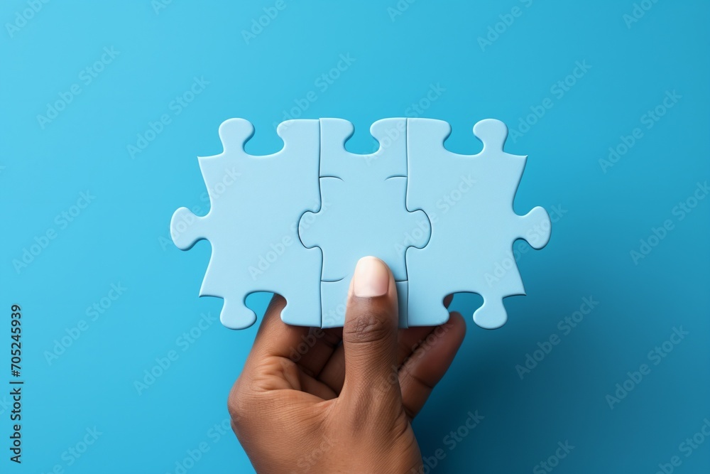 Blue puzzle pieces coming together in hand, Blue puzzle pieces coming together in hand,