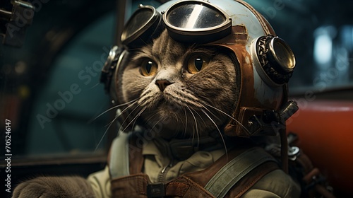 Cat pilot in a leather helmet and goggles photo