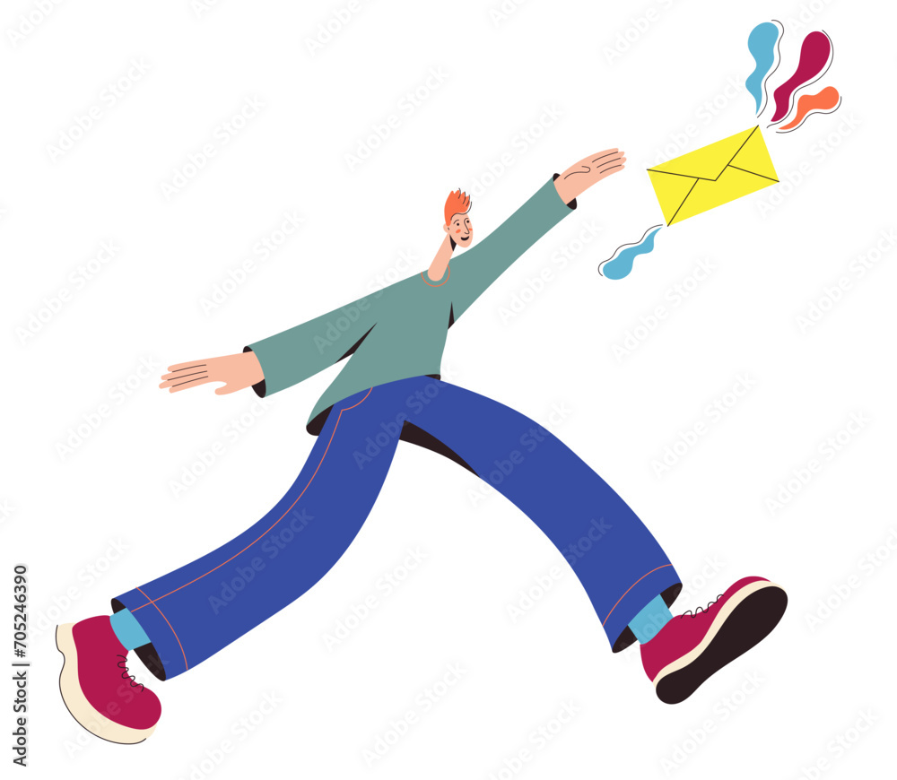 Happy man running and catching an envelope with good news. Good news, mail, positive feedback concept Happy man running and catching an envelope with good news. Good news, mail, positive feedback concept