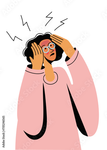 Sick woman having headache, migraine or high temperature and needs medical help