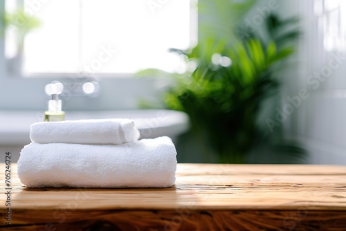 Clean Elegance Wood Tabletop Showcasing White Towels Against a Blurred Bathroom Background, Ideal for Product Display in a Tranquil Spa Setting. created with Generative AI