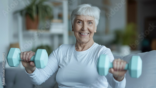  Senior Woman's Engaging Smile While Exercising with Dumbbells, Representing Health and Active Lifestyle"