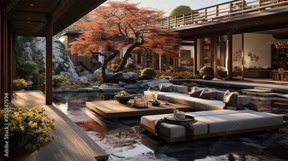 Modern Asian courtyard with reflecting pool and lounge area - obrazy, fototapety, plakaty 