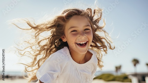 A girl wearing ponytails is jumping and smiling.