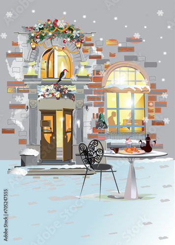 Hand drawn colorful vector Illustration of the romantic street in winter. Christmas greeting card. Hand drawn vector.