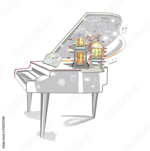 Abstract musical design with a piano and musical waves in the city. Hand drawn vector illustration.
