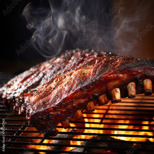 A rack of pork ribs cooking on a grill