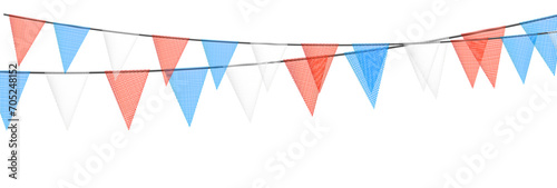 Red and blue bunting garlands with flags made of shredded pieces of fabric. Decorative multicolored party pennants for festival, party celebration.
