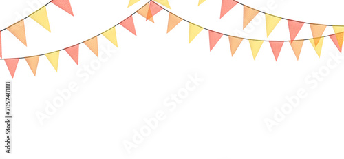 Colorful bunting garlands with flags made of shredded pieces of fabric. Decorative multicolored party pennants for festival, party celebration.